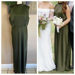 NWOT Lulus Classic Elegance Olive Satin Sleeveless Mock Neck Maxi Dress